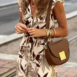 Brown Ruffled V Neck Leaves Print Long Dress