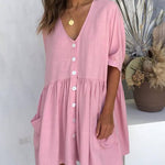 Half Sleeve Summer Shirt Dress V Neck Button Down Casual Loose Flowy Swing Mini Dress with Pockets