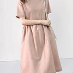 Nadorine Women's Crew Neck Cotton Linen Plain Dress Casual Loose Short Sleeve Sundress with Pockets