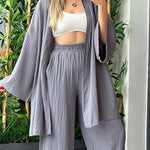 Nadorine Women's Casual Comfort Set Loose Cardigan Top & High-Waist Wide-Leg Pants with Pockets