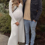 Long Sleeve Dress V-Neck Knit Maxi Dress Ribbed Elegant Long High Waist Pleated Dresses