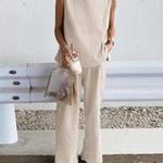 Nadorine Casual Loose Sleeveless Slit Solid Color Vest Trousers Pants Set