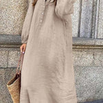 Cotton linen solid color long-sleeved V-neck button long jumpsuit