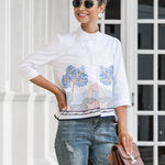 Casual Three-Quarter Sleeves Loose Embroidered Stand Collar Blouses&Shirts Tops