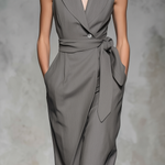 Women's Elegant Gray Sleeveless Collared Suit Dress With Belt