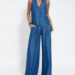 Nadorine Chic Denim Two Pieces Set Sleeveless Vest And Wide Leg Pants