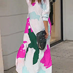 Loose Wrap Buttoned Contrast Color Pockets Printed Split-Side Shirt Dress