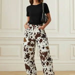 Elasticated Waist High Waisted Contrast Color Cow Printed Split-Joint Pants