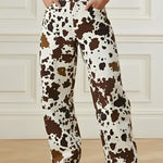 Elasticated Waist High Waisted Contrast Color Cow Printed Split-Joint Pants