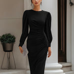 Ruched Waist Puff Sleeve Midi Dress