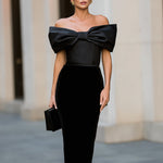 Black Satin Bow & Velvet Fitted Midi Dress