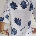 Nadorine Cotton Linen Two-piece Set Rose Print Top & Wide Leg Pants