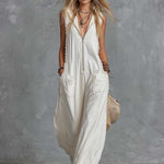 Vintage Casual Western Hooded V-neck Front Zip Lace Trim White Cotton Jumpsuit
