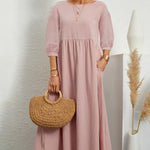 Lantern Sleeve Long Dress Solid Color Loose Crew Neck Mid Waist Dresses with Pockets