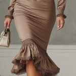 Vintage Ruffled Hem Lace-trimmed Polyester Satin Midi Dress