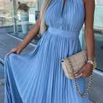 Halter Neck Pleated Swing Dress