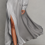 Women's Elegant Grey Satin Shirt-collar Long Dress With Tie Detail