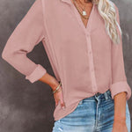 Casual Loose Long Sleeve Button V Neck Shirt Top