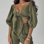 Half Sleeve Knot Front Crop Cardigan Top with Shorts Sets