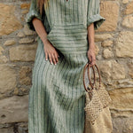 Cotton and linen yarn-dyed striped loose long dress