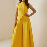 Elasticated Waist High Waisted Asymmetric Buttoned Solid Color Split-Joint Stand Collar Tank Top