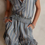Vintage Satin Striped Blouse And Shorts Set With Ruffles