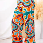 Oh So Chic Satin Ethnic Abstract Print Satin Elastic Waist Pocketed Wide Leg Pants