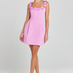 Cindy Faux Pearl Flower Applique Square Neck Pocketed Mini Dress