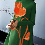 A-Line Long Sleeves Flower Print Split-Joint High Neck Midi Dresses