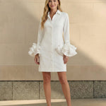 Flared Sleeves Long Sleeves Buttoned Solid Color Lapel Mini Dresses