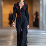 Retro Red Topstitched Navy Denim Long Sleeve Flared Tassel Jumpsuit