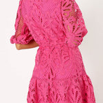 Solid Color Lace Cutout Balloon Sleeves and Waist Tie Mini Dress