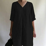 Nadorine Women's Casual Loose Short Sleeve V-Neck Cotton Linen Dress