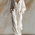Casual Loose Fashionable White Corduroy Hooded Front Zipper Long Sleeve Jumpsuit