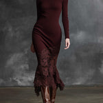 Simple And Elegant High-neck Lace Hem Burgundy Knitted Maxi Dress