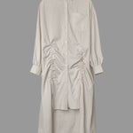 High-Low Long Sleeves Buttoned Drawstring Pleated Pockets Solid Color Lapel Midi Dresses