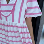 Women's Short Bubble Sleeve Striped Dress With Pockets