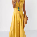 V Neck Lapel Button Down Maxi Dress Sleeveless Casual Beach Long A Line Shirt Sundress