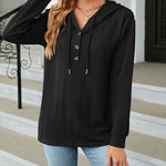 Solid Color Hooded Loose-Fitting Long-Sleeved Sweatshirt with Buttons
