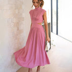Stand Collar Solid Color Hollow Waist Long Dress