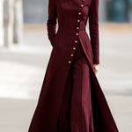 High Waisted Long Sleeves Buttoned Solid Color Split-Front Round-Neck Midi Dresses