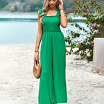 Sleeveless Lace-up Smocked Jumpsuits Solid Loose fit Wide Leg High Wasit Romper
