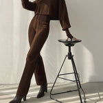 Women's Knitted Two Pieces Sets Turtleneck Cropped Sweater with High-waisted Flared Pants