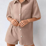 Nadorine Women's Casual Two-Piece Short Sleeve Lapel Cardigan Top and Shorts Loungewear Sets