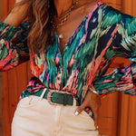 Nadorine Retro Oil Painting Printed Shirt V-neck Bubble Sleeve Top for Women Casual Work Office Loose Fit 2026 | Under $40