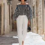 Chic Off-the-Shoulder Striped Blouse & High-Waisted Tailored Trousers Set