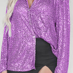 Solid color button-down long-sleeve sequined cardigan