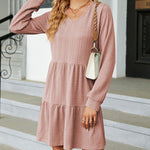 Solid Color Patchwork V-Neck Long Sleeves Loose-Fitting A-Line Dress