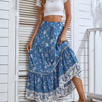 Nadorine Women's Bohemian Floral Skirt Elastic High Waist A- Line Tiered Flowy Beach Maxi Skirt