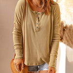 Nadorine Casual Long Sleeve T-Shirt Button Up V Neck Ribbed Knit Tunic Top